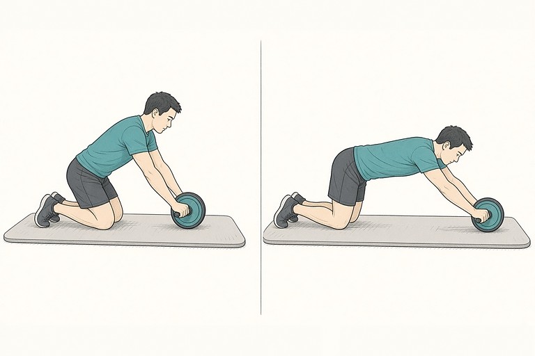 Ab wheel: illustration of the start (left) and finish (right) positions.