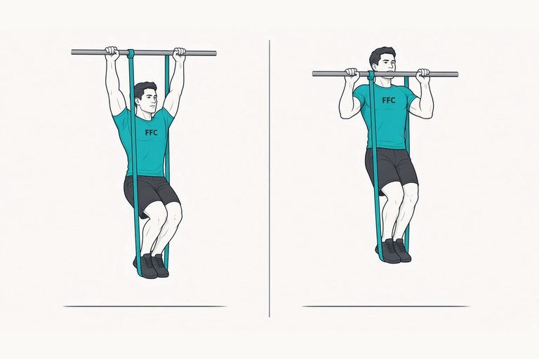 Assisted pull-up with a resistance band: straight-arm hang (left) and chin over the bar (right).