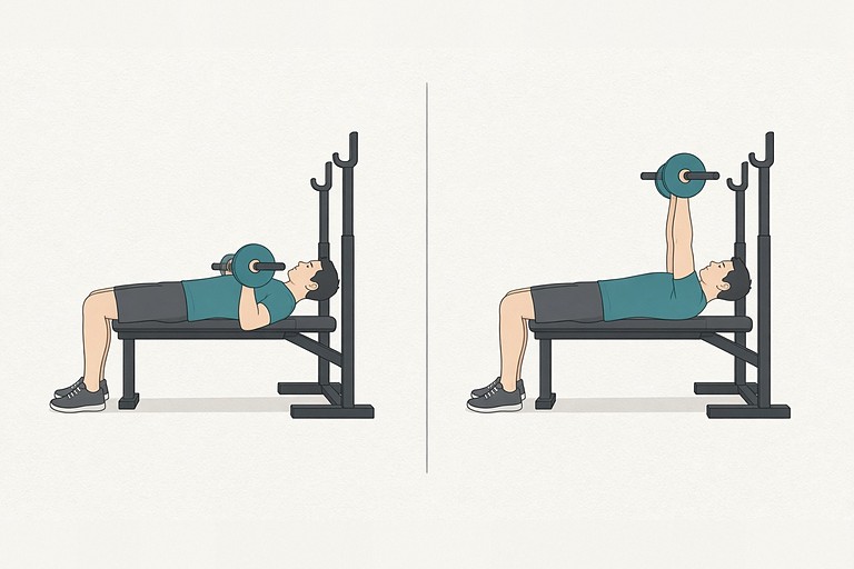 Bench press: start with the bar lowered to the mid-chest (left) and finish with the arms straight and the bar over the shoulders (right).