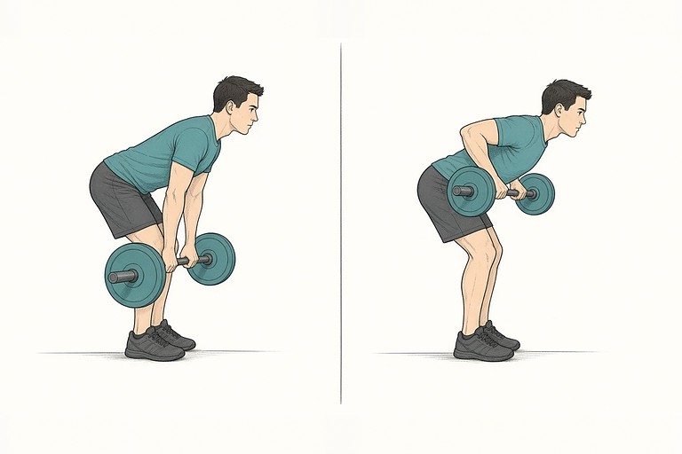 Barbell row: illustration of the start (left) and finish (right) positions.