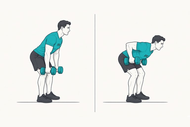 Bent-over dumbbell row: illustration of the start (left) and finish (right) positions.