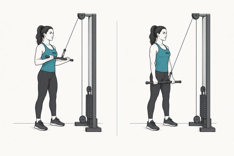 Cable triceps pressdown: illustration of the start (left) and finish (right) positions.