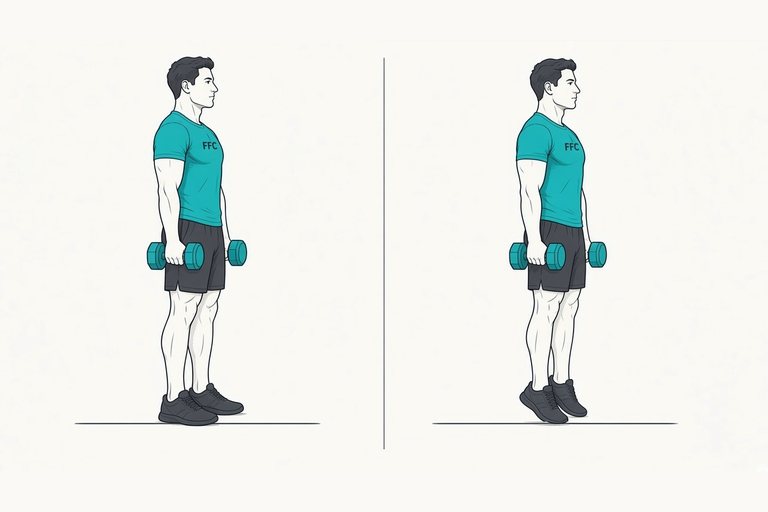Standing calf raise: illustration of the start (left) and finish (right) positions.