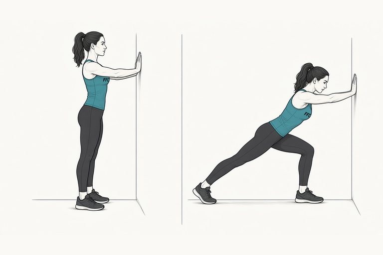 Calf stretch: illustration of the start (left) and finish (right) positions.