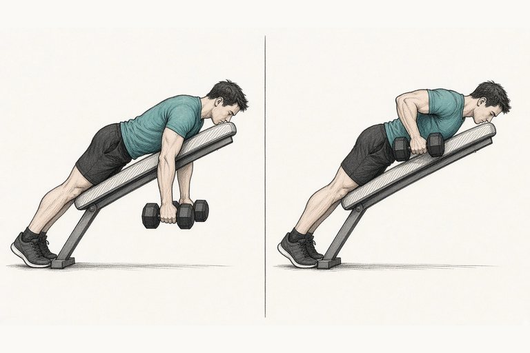 Chest-supported row: illustration of the start (left) and finish (right) positions.