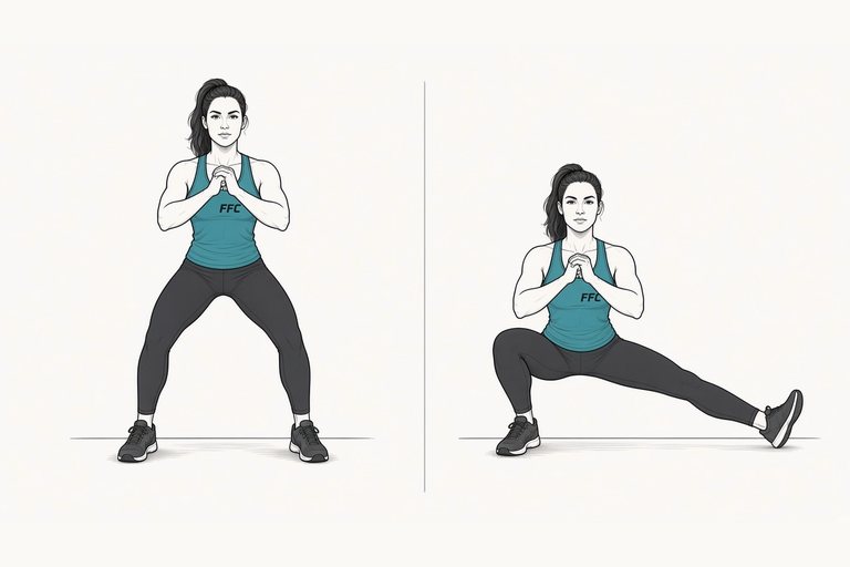 Cossack squat to range: illustration of the start (left) and finish (right) positions.