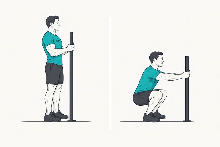 Deep squat hold with support: illustration of the start (left) and finish (right) positions.