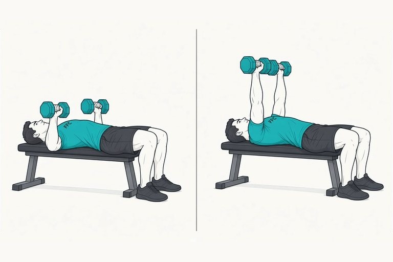 Dumbbell bench press: start with the dumbbells lowered to the sides of the chest (left) and finish with the arms pressed up over the chest (right).