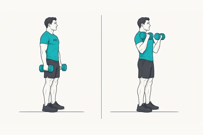 Dumbbell curl: illustration of the start (left) and finish (right) positions.
