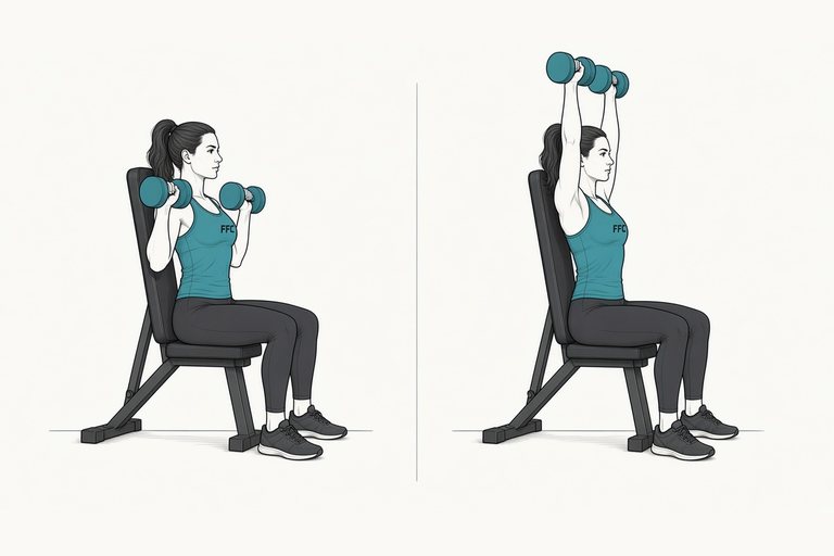 Dumbbell shoulder press: illustration of the start (left) and finish (right) positions.
