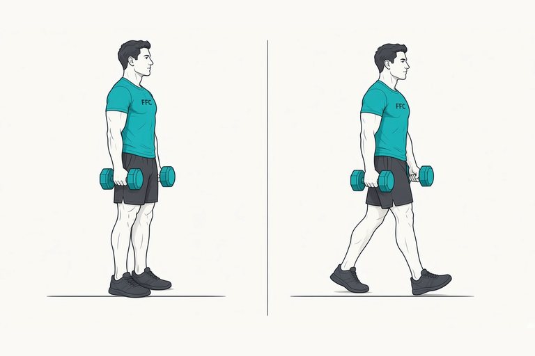 Farmer carry: illustration of the start (left) and finish (right) positions.