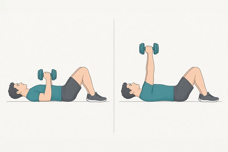 Floor press: dumbbells lowered with the upper arms on the floor, elbows about 45° from the body (left), and pressed up over the chest (right).