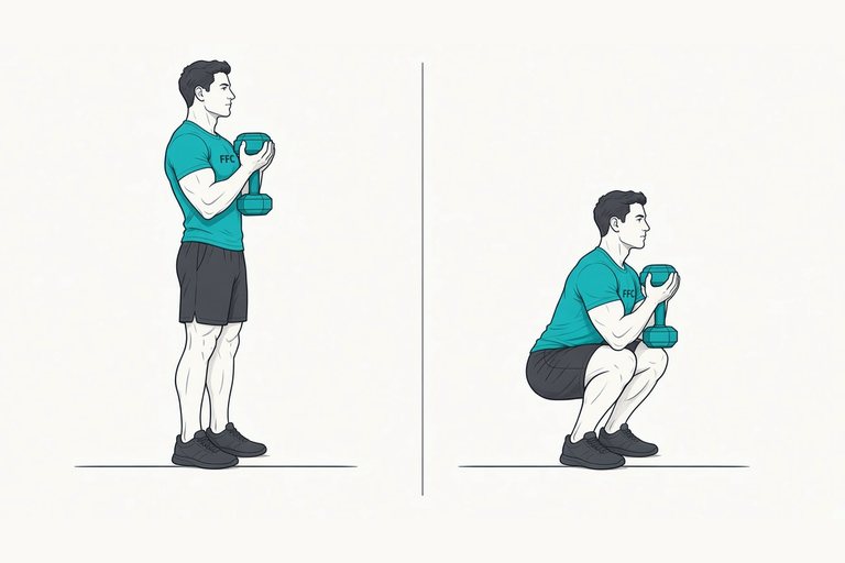 Goblet squat: illustration of the start (left) and finish (right) positions.