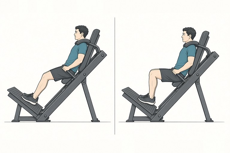 Hack squat: illustration of the start (left) and finish (right) positions.