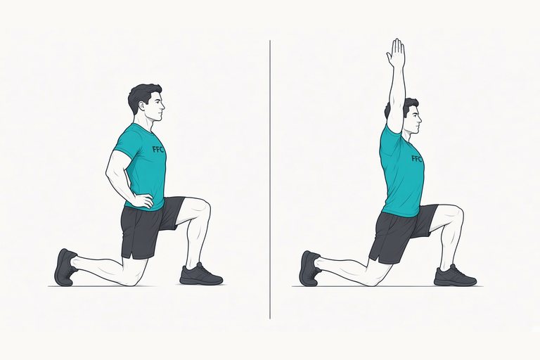 Hip flexor stretch: half-kneeling start (left) and the stretch with the arm reaching overhead (right).