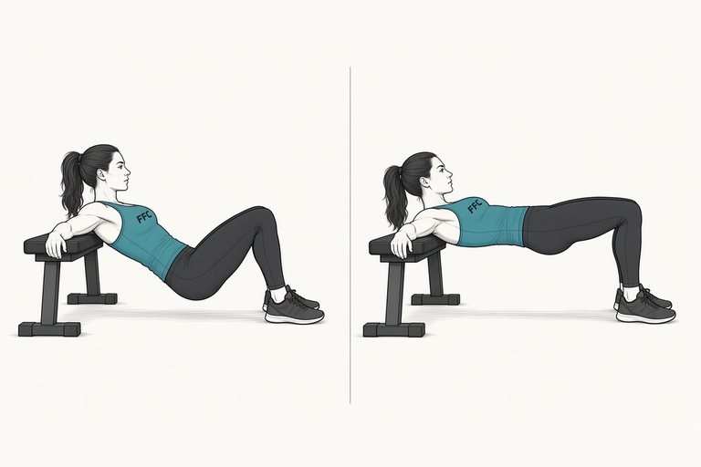 Hip thrust: illustration of the start (left) and finish (right) positions.