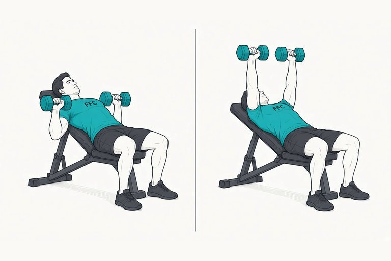 Incline dumbbell press: illustration of the start (left) and finish (right) positions.