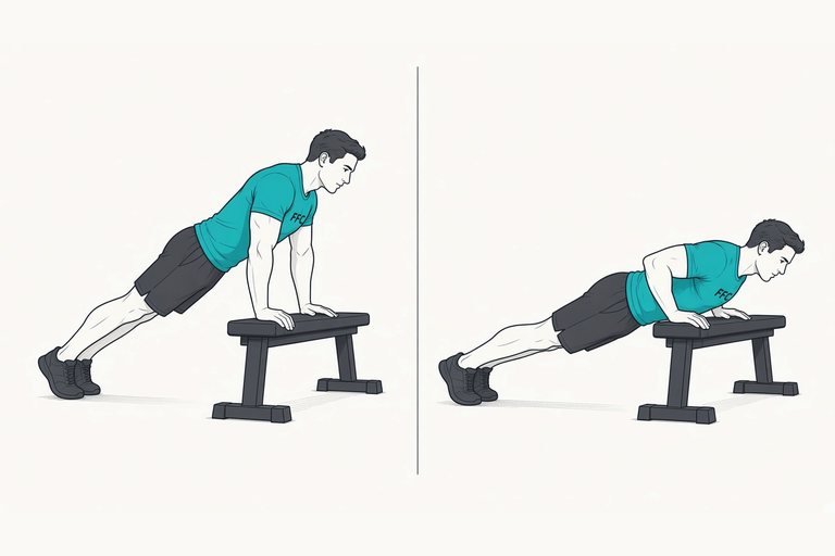 Incline push-up: illustration of the start (left) and finish (right) positions.