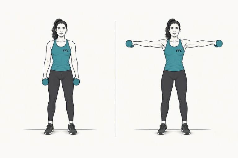 Lateral raise: illustration of the start (left) and finish (right) positions.