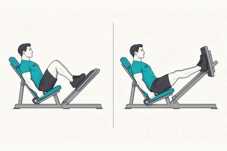 Leg press: lowered position (left) and pressed out with soft knees (right).