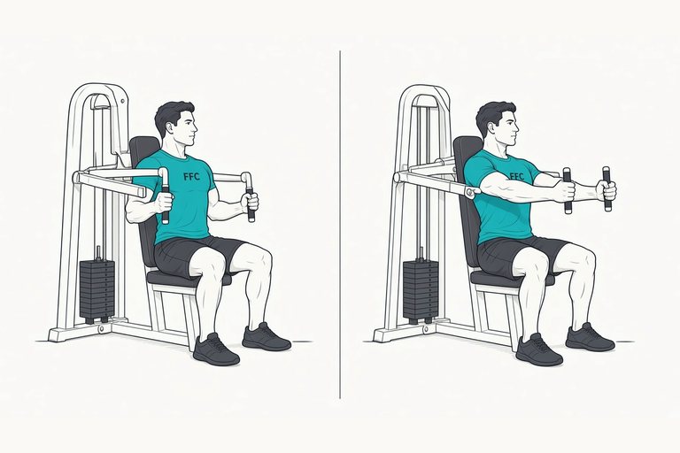 Machine chest press: illustration of the start (left) and finish (right) positions.