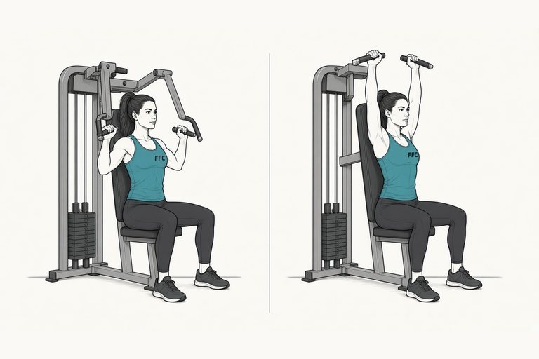 Machine shoulder press: illustration of the start (left) and finish (right) positions.