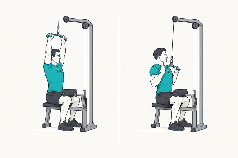 Neutral-grip pulldown: illustration of the start (left) and finish (right) positions.