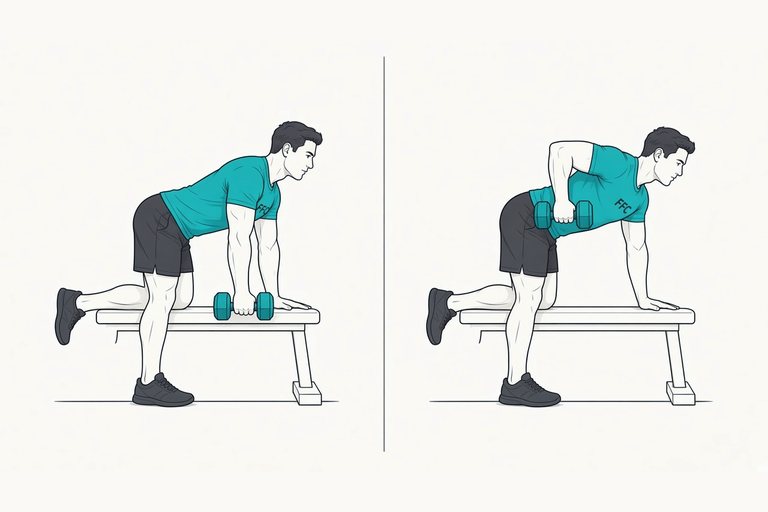 One-arm dumbbell row: illustration of the start (left) and finish (right) positions.