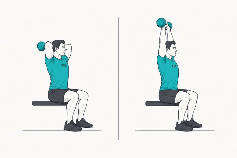 Overhead triceps extension: weight lowered behind the head (left) and arms straightened overhead (right).