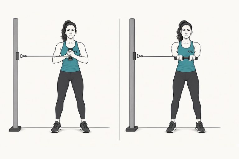 Pallof press: illustration of the start (left) and finish (right) positions.
