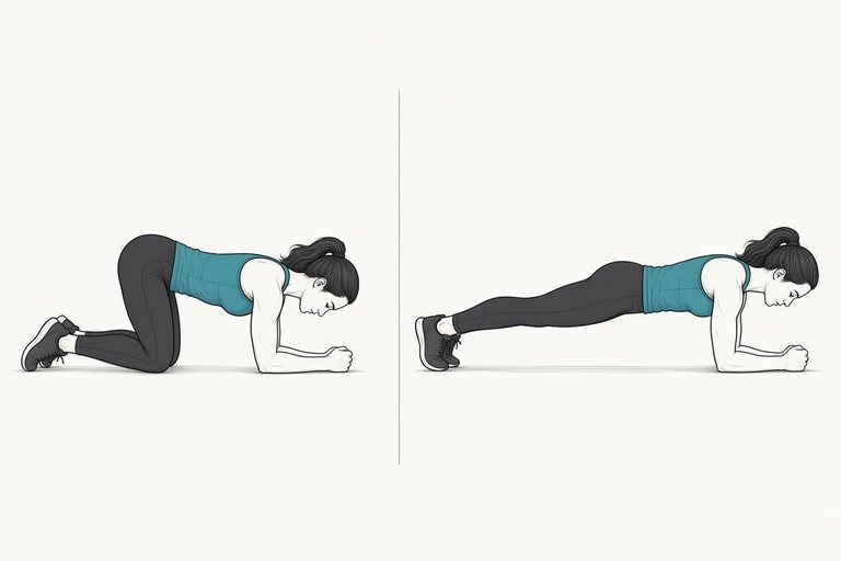 Forearm plank: setting up on the knees and forearms (left) and the plank hold (right).