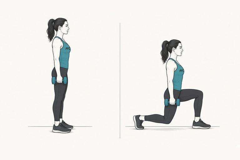 Reverse lunge: illustration of the start (left) and finish (right) positions.