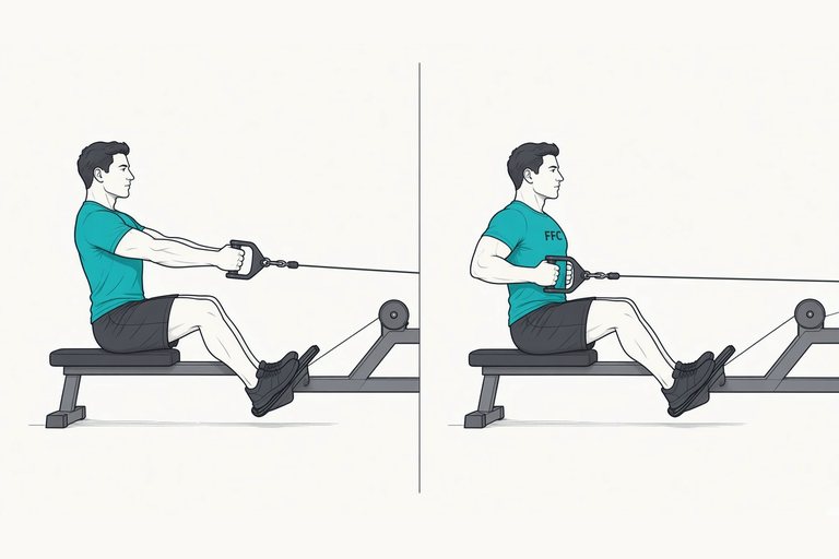 Seated cable row: illustration of the start (left) and finish (right) positions.