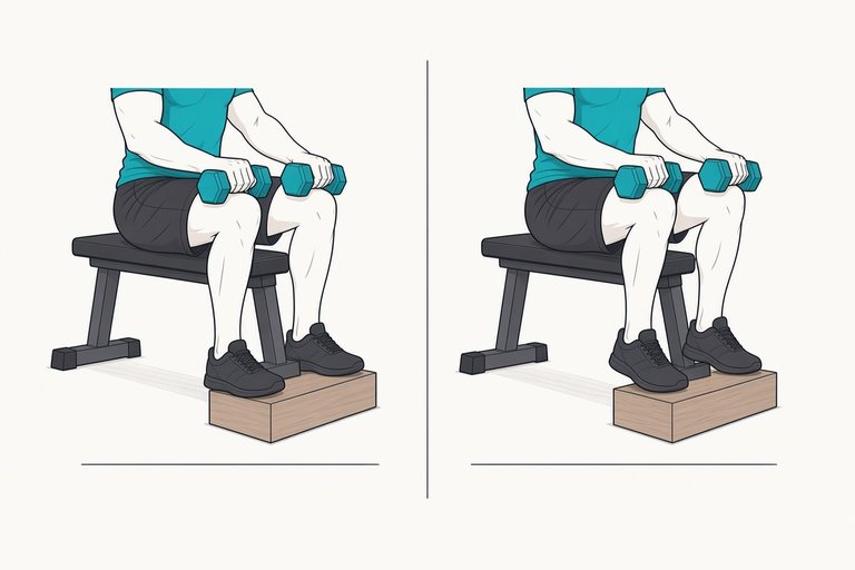 Seated calf raise: illustration of the start (left) and finish (right) positions.