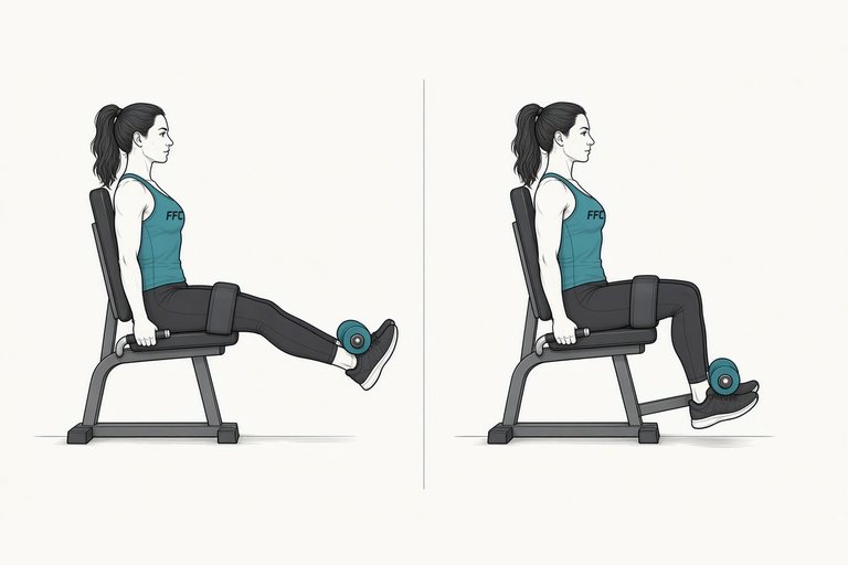 Seated leg curl: illustration of the start (left) and finish (right) positions.