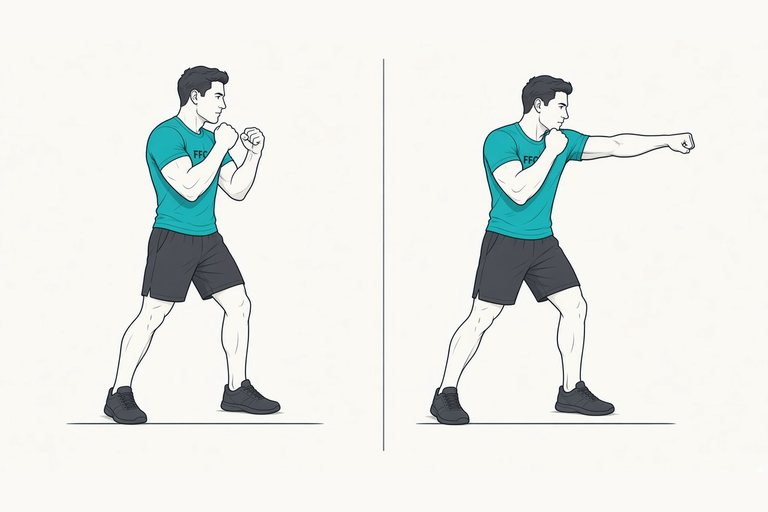 Shadow boxing: illustration of the start (left) and finish (right) positions.
