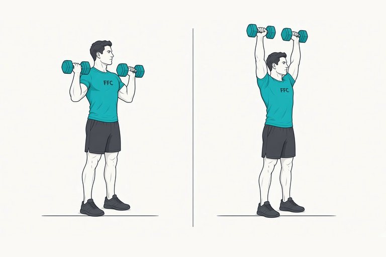 Standing overhead press: illustration of the start (left) and finish (right) positions.