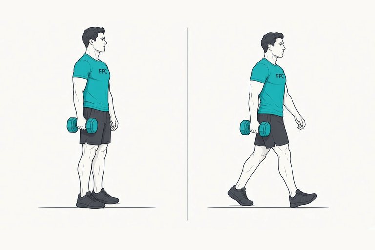 Suitcase carry: illustration of the start (left) and finish (right) positions.