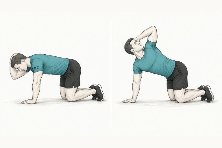 Thoracic rotations: illustration of the start (left) and finish (right) positions.