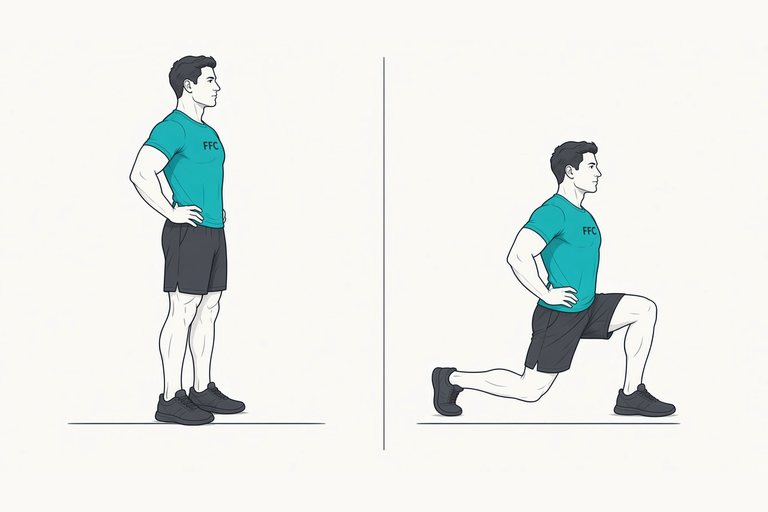 Walking lunge: illustration of the start (left) and finish (right) positions.