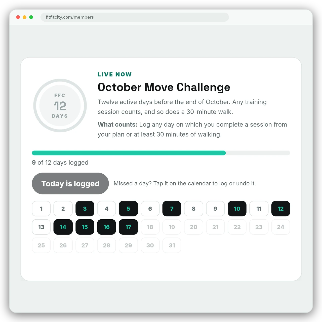 The October Move Challenge with 9 of 12 days logged on its calendar.