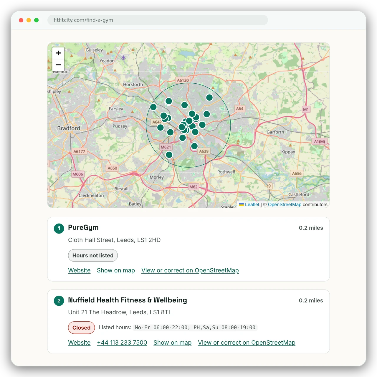 Find a gym results for Leeds: a map of nearby gyms and the nearest listings with distances.