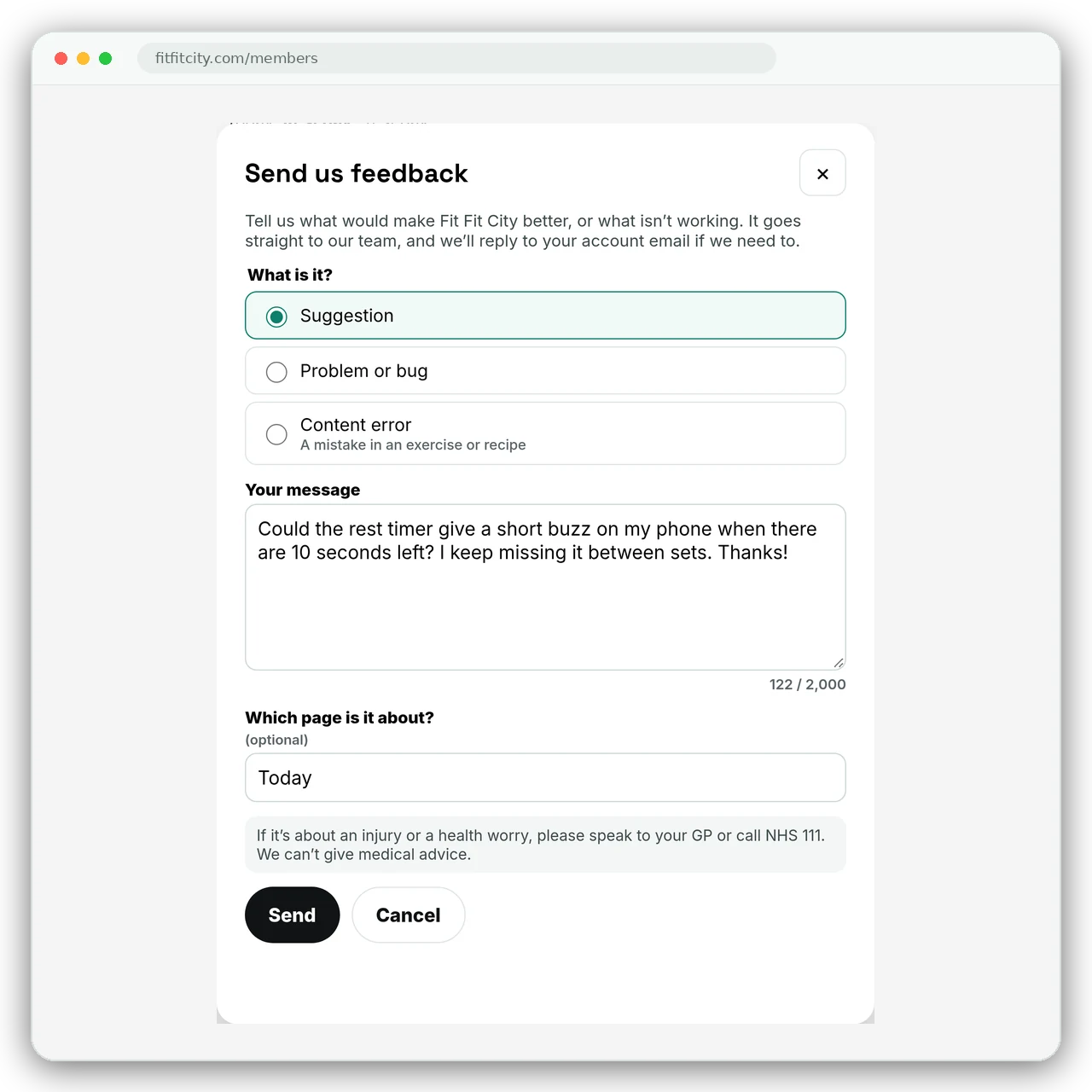 The feedback form in the member area, with a suggestion typed in.