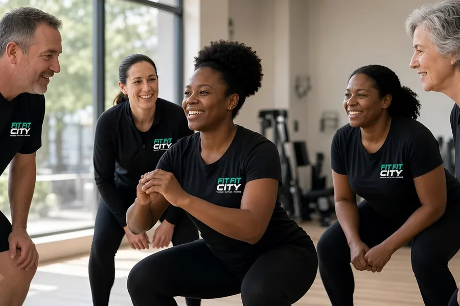 A mixed-age group in Fit Fit City T-shirts doing bodyweight squats together in a bright studio