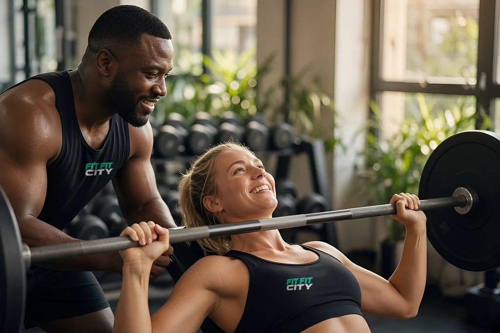 A man spotting a woman on the bench press in a sunny gym, both in Fit Fit City tops