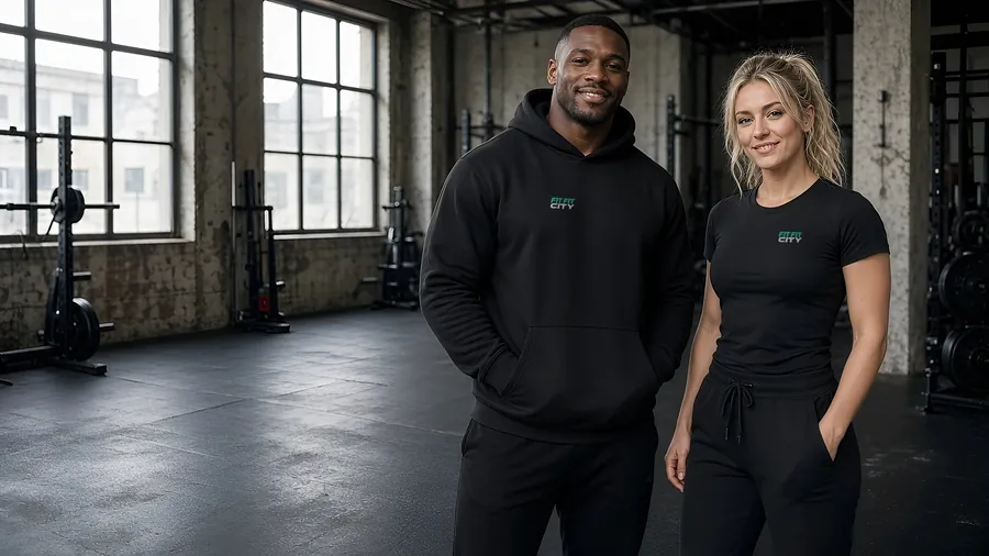 A man in a black FFC hoodie and a woman in a black FFC tee, both with the FitFitCity logo, standing in a gym