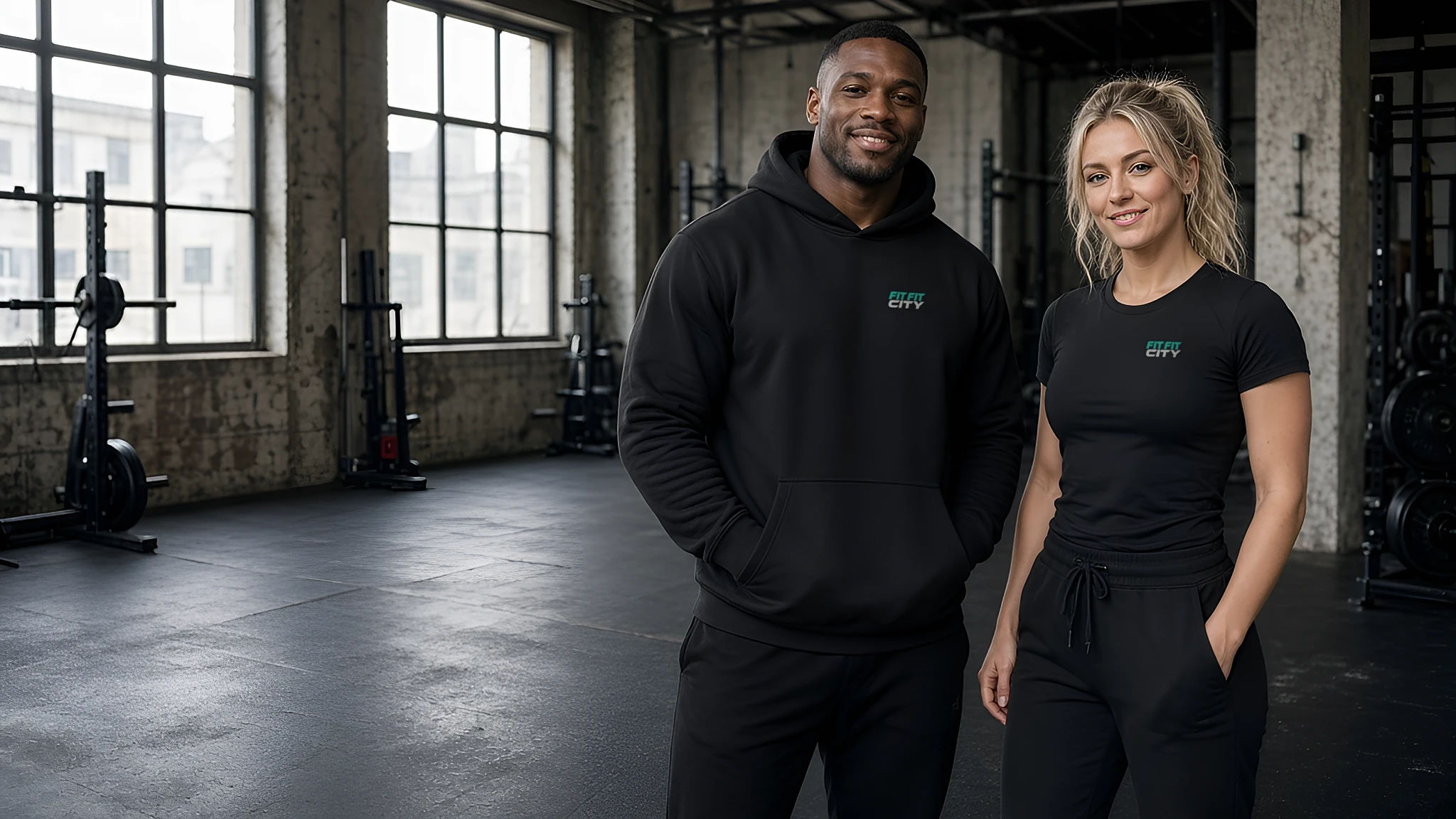 A man in a black FFC hoodie and a woman in a black FFC tee, both with the Fit Fit City logo, standing in a gym