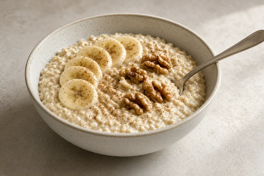 A bowl of porridge topped with sliced banana, walnuts and cinnamon
