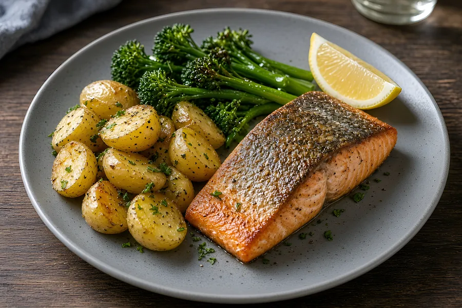 A salmon fillet with new potatoes, tenderstem broccoli and a wedge of lemon